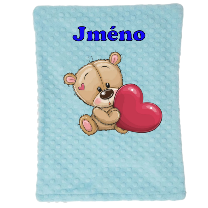 Minky deka 65 x 95 cm  se jména – motiv Medvídek srdce - Druhá strana bavlna: Hvězdičky