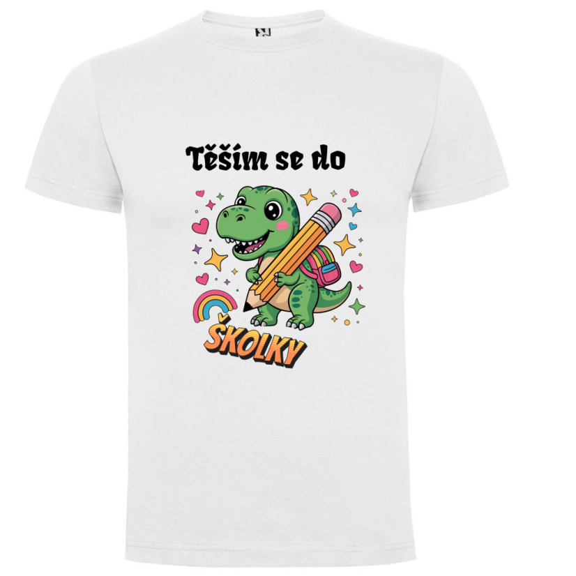 Dětské tričko s vlastním jménem: „Těším se do školky... motiv - dinosaurus - Barva: Tyrkysová