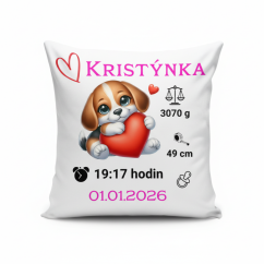 Polštář s údaji o narození – motiv pejsek se srdcem