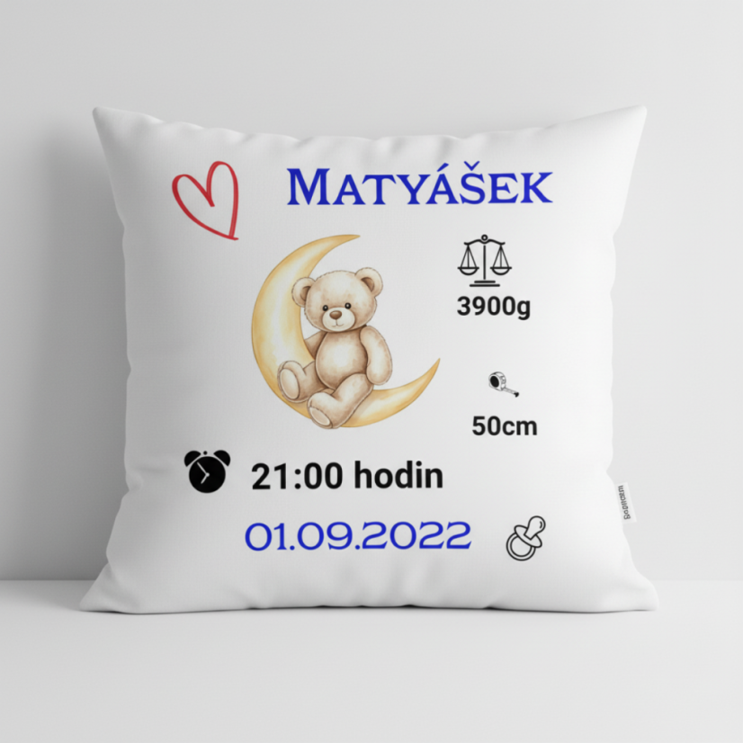 Vankúš s údajmi o narodení Macko na mesiaci