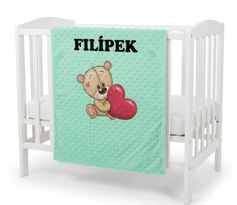 Minky deka 65 x 95 cm  se jména – motiv Medvídek srdce - Druhá strana bavlna: Hvězdičky