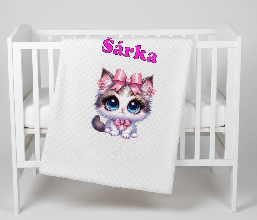 Minky deka 65 x 95 cm  se jména – motiv Kočička - Druhá strana bavlna: Ježek a zajíc