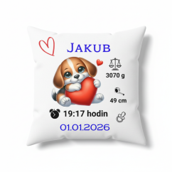 Polštář s údaji o narození – motiv pejsek se srdcem