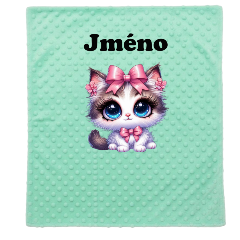 Minky deka 65 x 95 cm  se jména – motiv Kočička - Druhá strana bavlna: Ježek a zajíc