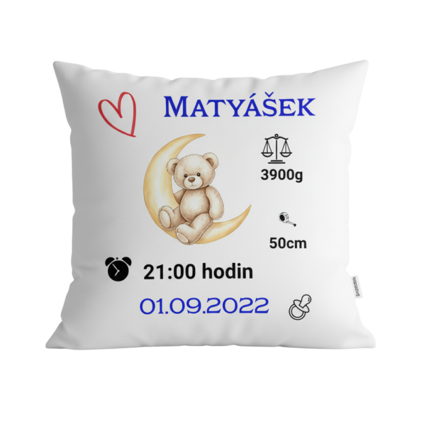 Vankúš s údajmi o narodení Macko na mesiaci