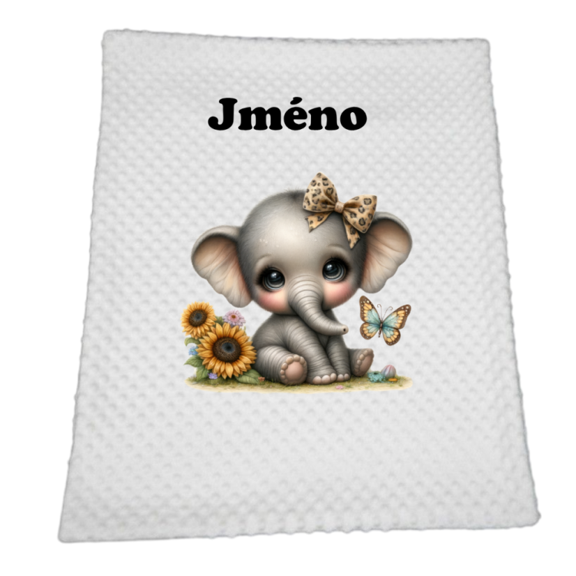 Minky deka 65 x 95 cm se jména – motiv Slon - Druhá strana bavlna: Hvězdičky