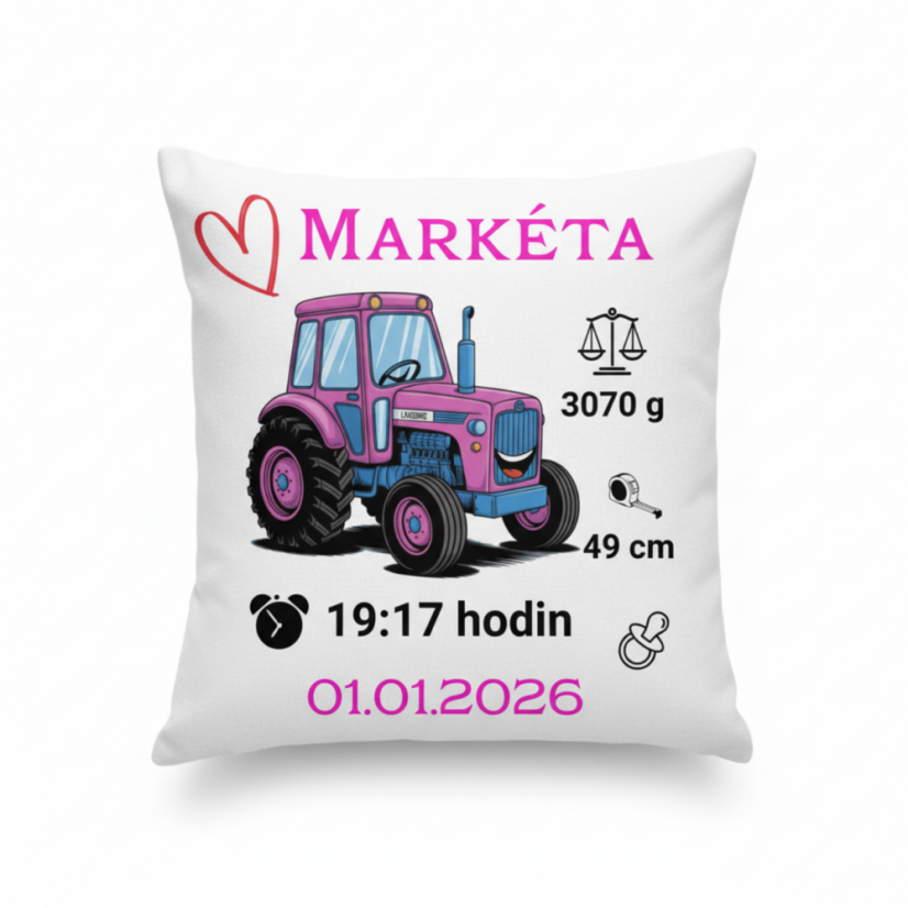 Polštář s údaji o narození – motiv růžový traktor