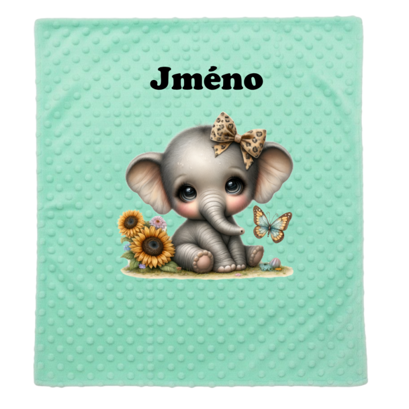 Minky deka 65 x 95 cm se jména – motiv Slon - Druhá strana bavlna: Hvězdičky