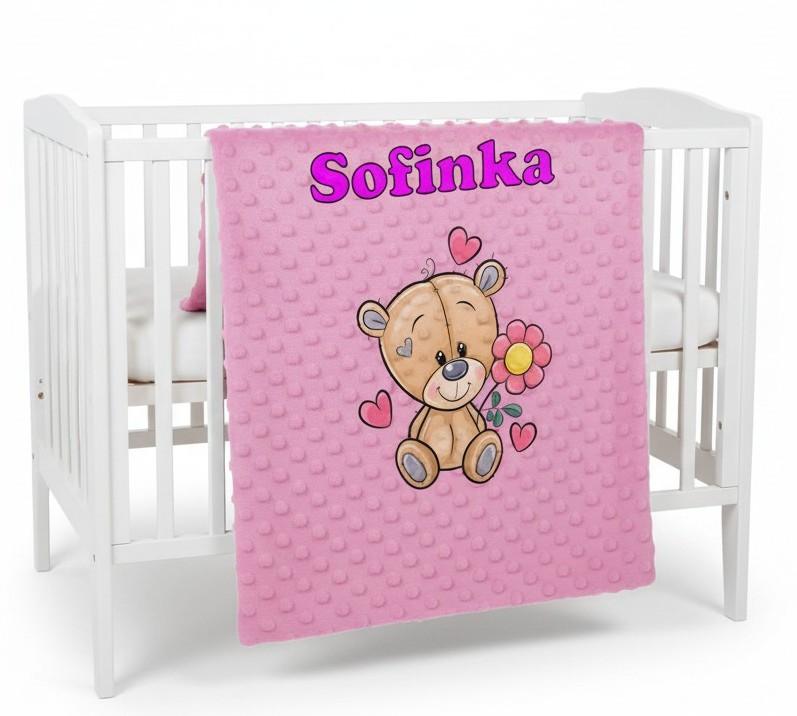 Minky deka 65 x 95 cm se jména – motiv Medvídek s květinou - Druhá strana bavlna: Vláčky