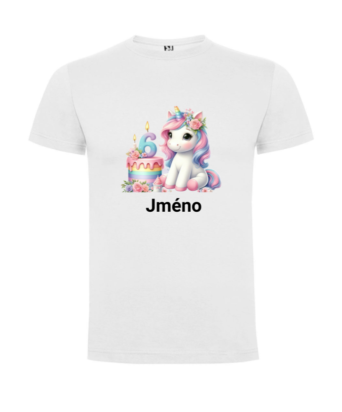 Narodeninové tričko s menom Jednorožec - Farba: Biela, Číslo: 6