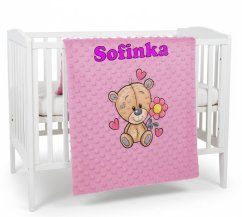Minky deka 65 x 95 cm se jména – motiv Medvídek s květinou