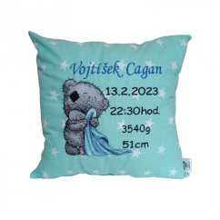Bavlněný polštář s údaji o narození medvídek s dekou