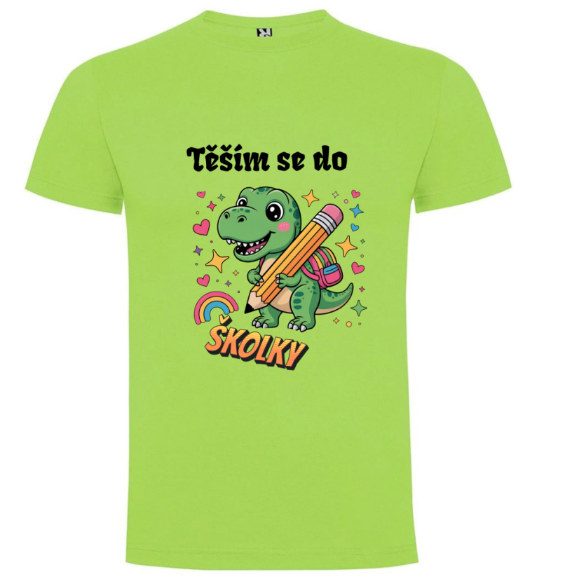 Dětské tričko s vlastním jménem: „Těším se do školky... motiv - dinosaurus - Barva: Tyrkysová
