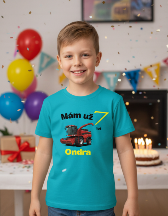 Narodeninové tričko kombajn se jménem - Veľkosť: 104/110 3/4 roky, Farba: Tyrkysová