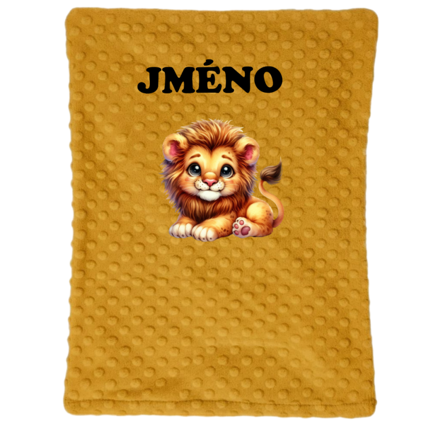 Minky deka 65*95 cm se jména – motiv Lvíček - Druhá strana bavlna: Šedá se srdíčka
