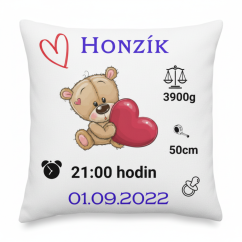 Polštář s údaji o narození Medvídek se srdcem