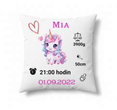 Polštář s údaji o narození – motiv jednorožec