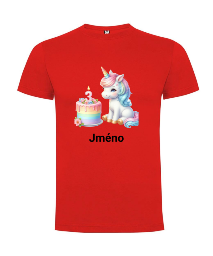 Narozeninové tričko se jménem Jednorožec - Barva: Červená, Číslo: 3