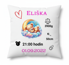 Vankúš s údajmi o narodení Macko