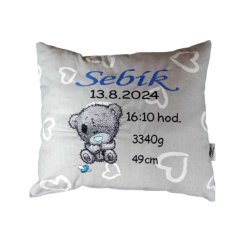 Bavlněný polštář s údaji o narození medvídek s dudlíkem