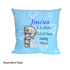 Bavlněný polštář s údaji o narození medvídek s dekou