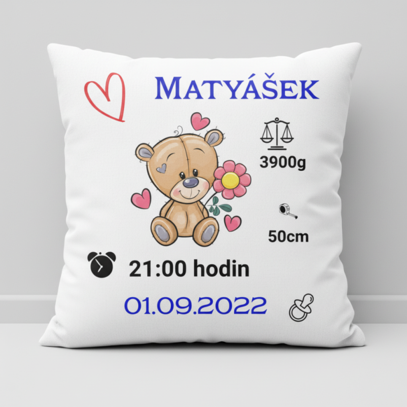 Polštář s údaji o narození – motiv Medvídek