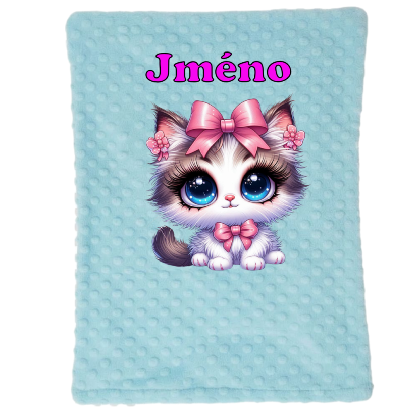 Minky deka 65 x 95 cm  se jména – motiv Kočička - Druhá strana bavlna: Ježek a zajíc