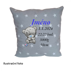 Bavlněný polštář s údaji o narození medvídek s dudlíkem