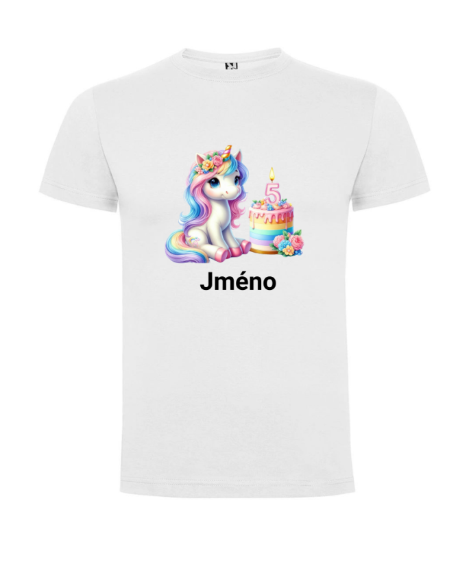 Narodeninové tričko s menom Jednorožec - Farba: Biela, Číslo: 5