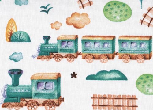 Minky deka 65 x 95 cm  se jména – motiv Medvídek kluk - Druhá strana bavlna: Vláčky