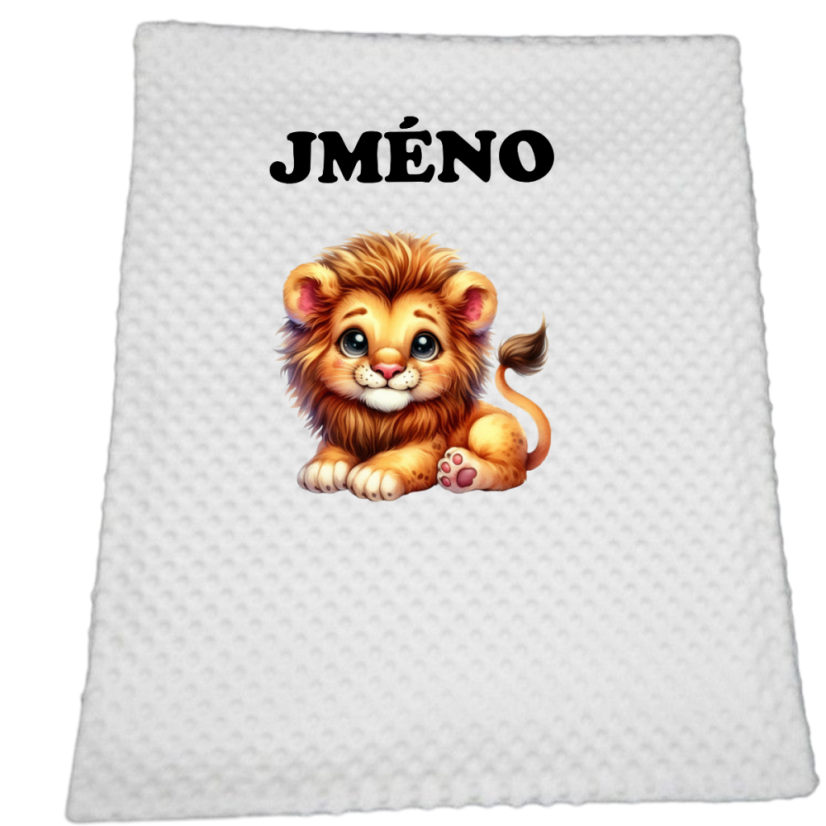 Minky deka 65*95 cm se jména – motiv Lvíček - Druhá strana bavlna: Šedá se srdíčka