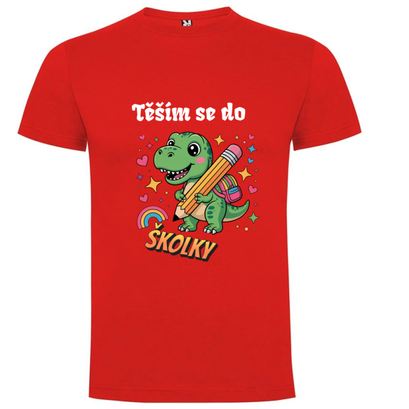 Dětské tričko s vlastním jménem: „Těším se do školky... motiv - dinosaurus - Barva: Tyrkysová