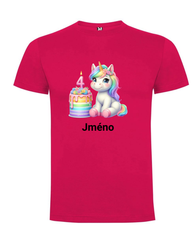 Narozeninové tričko se jménem Jednorožec - Barva: Růžová, Číslo: 4
