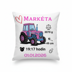 Polštář s údaji o narození – motiv růžový traktor