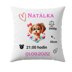 Polštář s údaji o narození – motiv pejsek