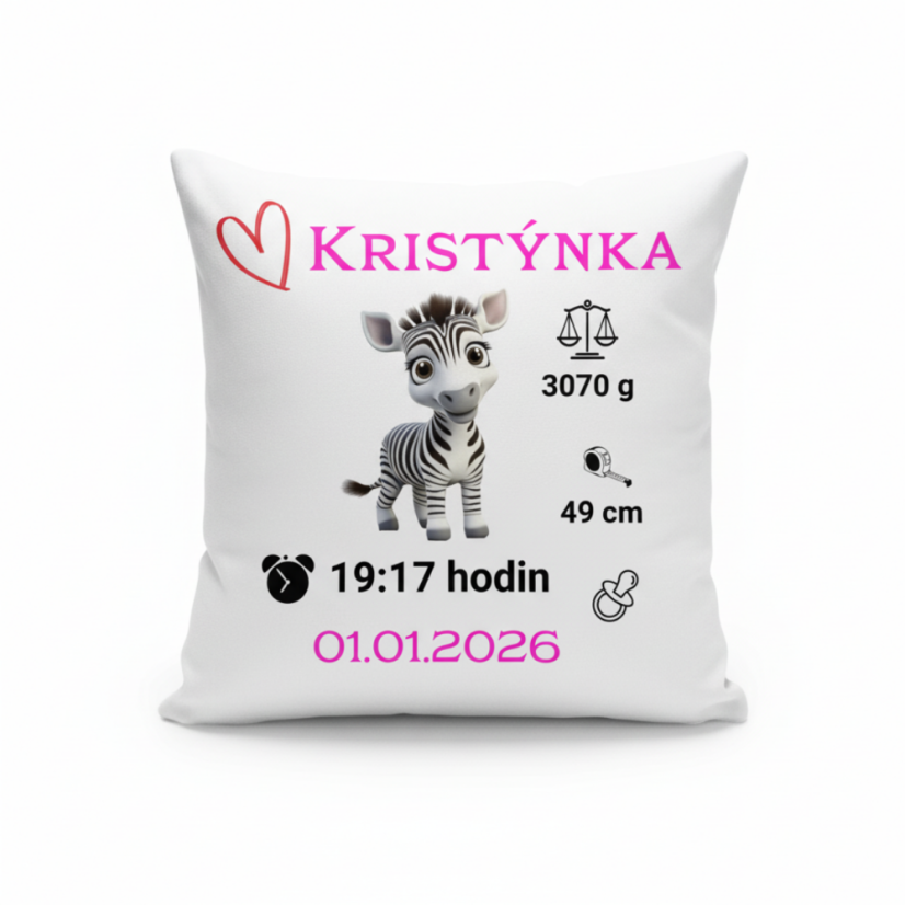 Polštář s údaji o narození – motiv zebra