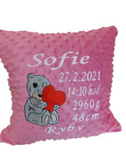 Minky polštář s údaji o narození medvídek se srdcem