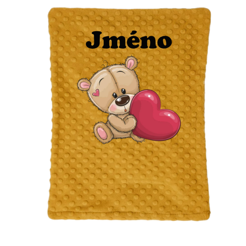Minky deka 65 x 95 cm  se jména – motiv Medvídek srdce - Druhá strana bavlna: Hvězdičky