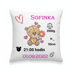 Vankúš s údajmi o narodení Macko