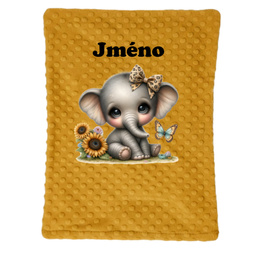 Minky deka 65 x 95 cm se jména – motiv Slon - Druhá strana bavlna: Hvězdičky