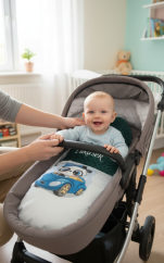 Minky deka s výšivkou jména – motiv panda v autě