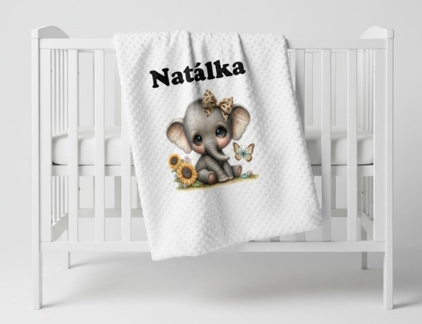 Minky deka 65 x 95 cm se jména – motiv Slon - Druhá strana bavlna: Hvězdičky
