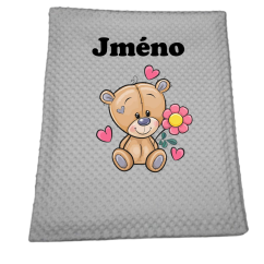 Minky deka 65 x 95 cm se jména – motiv Medvídek s květinou