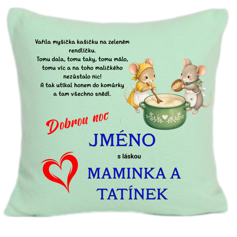 Dětský polštářek s lidovou říkankou a osobním věnováním - Vařila myšička kašičku