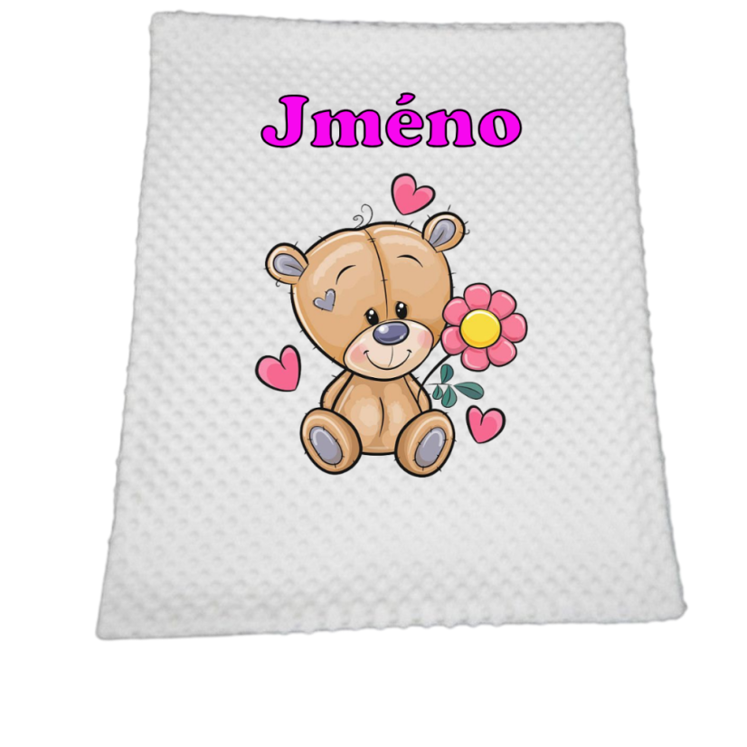 Minky deka 65 x 95 cm se jména – motiv Medvídek s květinou - Druhá strana bavlna: Vláčky