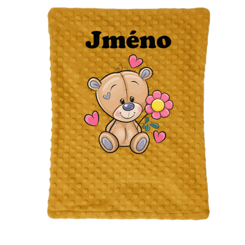 Minky deka 65 x 95 cm se jména – motiv Medvídek s květinou - Druhá strana bavlna: Vláčky