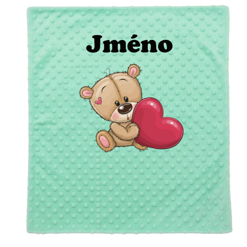 Minky deka 65 x 95 cm  se jména – motiv Medvídek srdce - Druhá strana bavlna: Hvězdičky