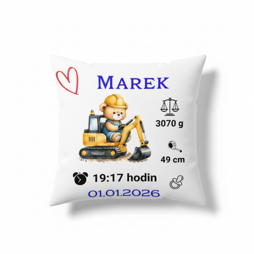 Vankúš s údajmi o narodeni méďa v bagru