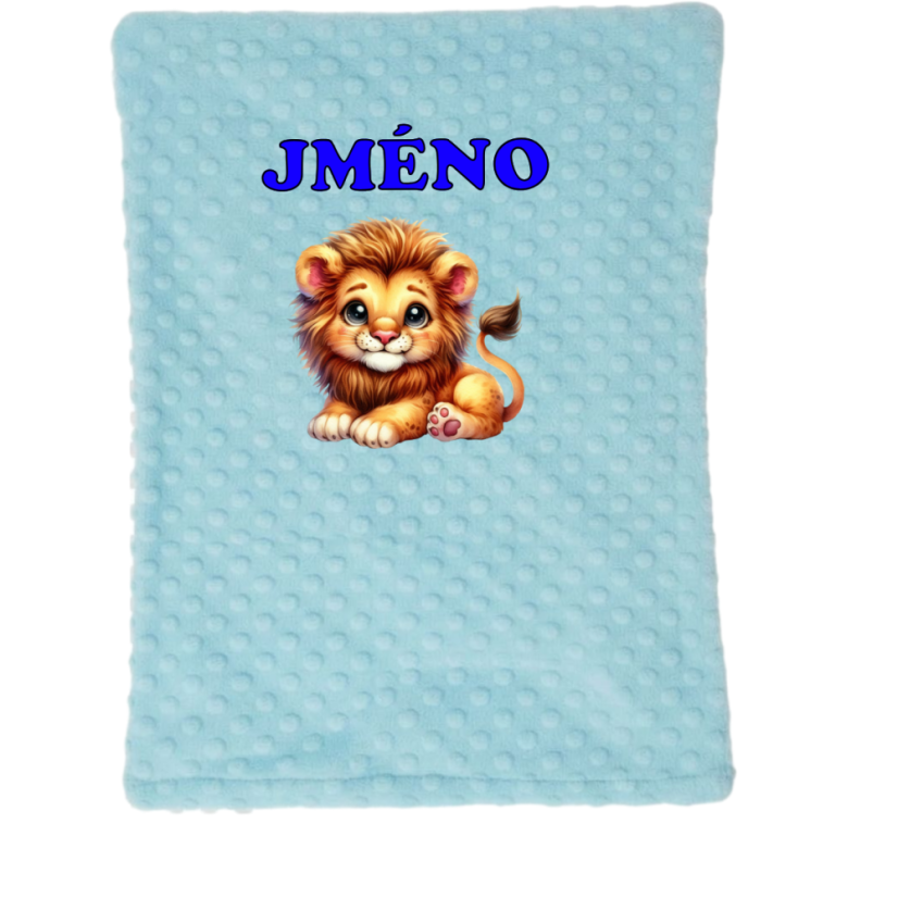Minky deka 65*95 cm se jména – motiv Lvíček - Druhá strana bavlna: Šedá se srdíčka