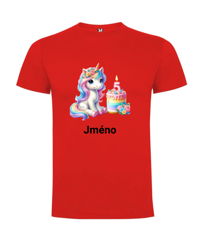 Narozeninové tričko se jménem Jednorožec - Barva: Červená, Číslo: 5